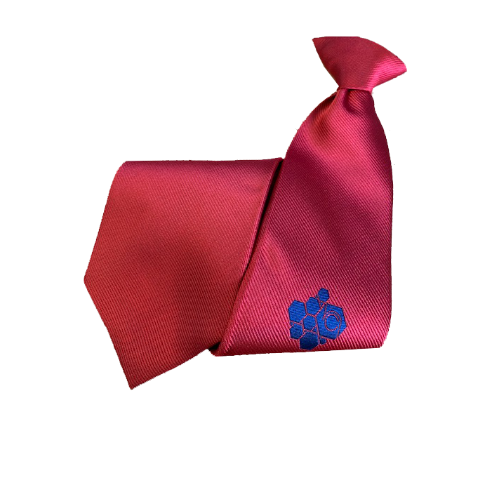 Woven clip on tie, Red with College logo in Navy below knot